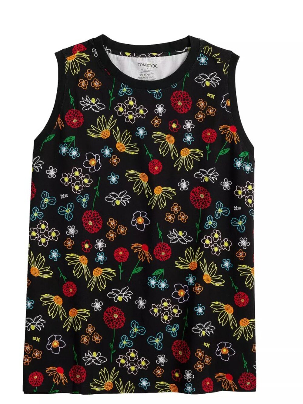 TomboyX Floral Tank Top Large Black Colorful Botanical Print Cotton Stretch